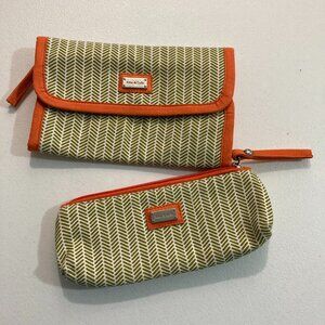 NWT Ame & Lulu Cosmetics and Travel Bag Clutch Set Orange Green Chevron